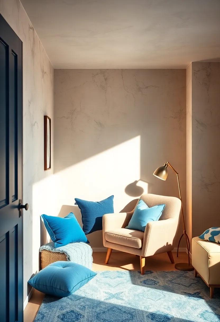 Cozy⁤ Reading Nook: Design ⁤a corner with‍ a⁢ plush beige armchair⁢ and​ a selection of blue cushions, creating a perfect⁢ spot for storytime