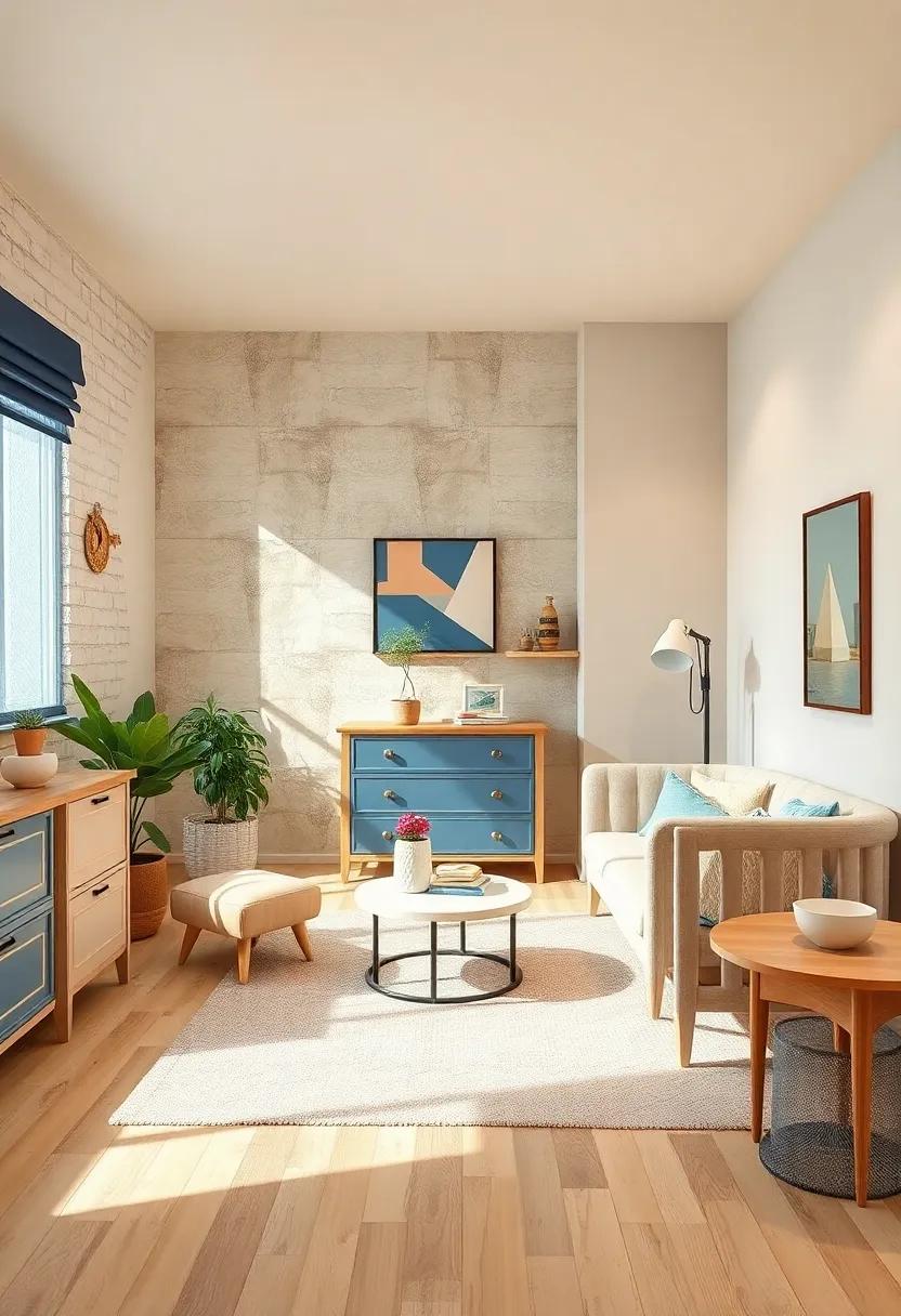 Minimalist ⁢shelving: Implement floating shelves ​in light wood, leaving plenty of room ⁤for​ blue and beige decor items ‍without ‍overwhelming the ‌space