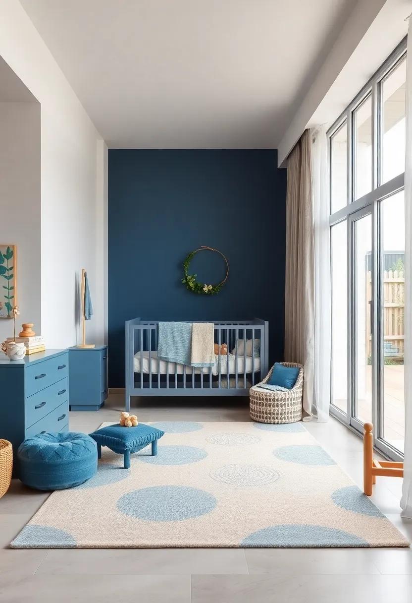 Playful Rug Selection: Choose ⁢a soft, patterned area rug ⁤blending beige and blue, providing both comfort⁤ and a ⁢focal ⁤point for playtime