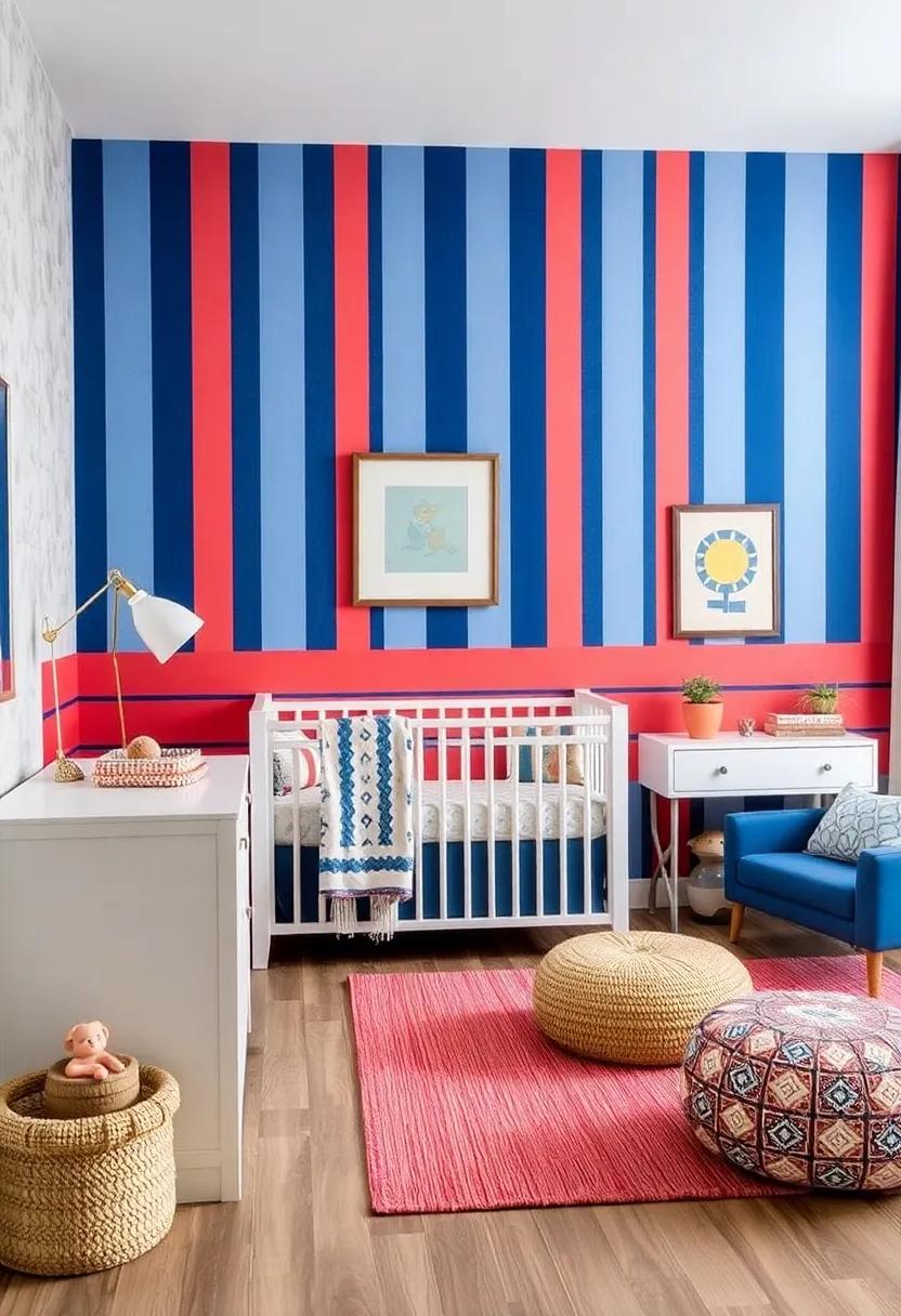 Blue and Coral Stripe Wallpaper: Consider bold striped wallpaper that merges both colors for a fun yet sophisticated focal point