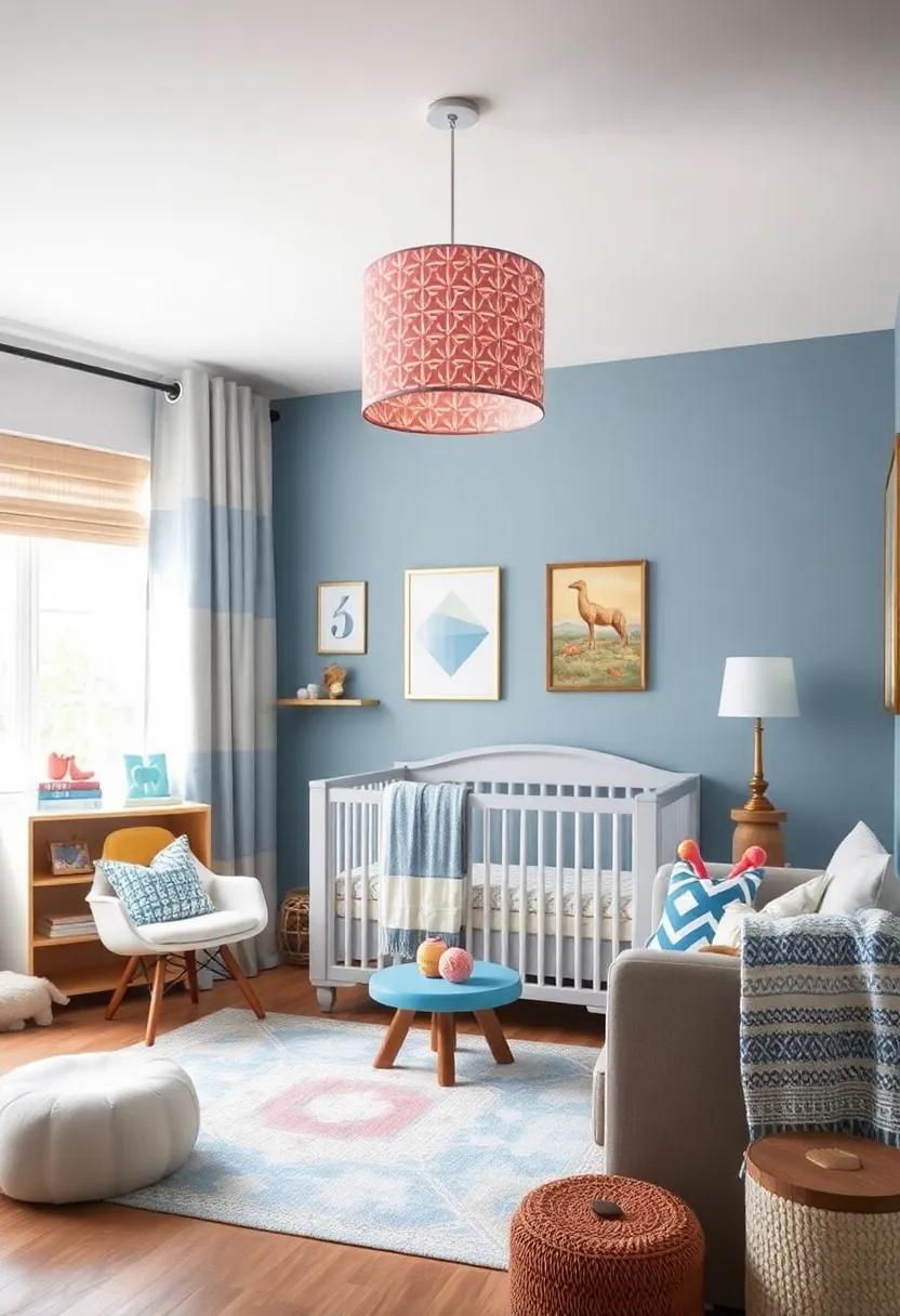 Dreamy Lighting: ​Use a coral and blue patterned lampshade to add warmth and‍ a playful ambiance to the nursery's lighting