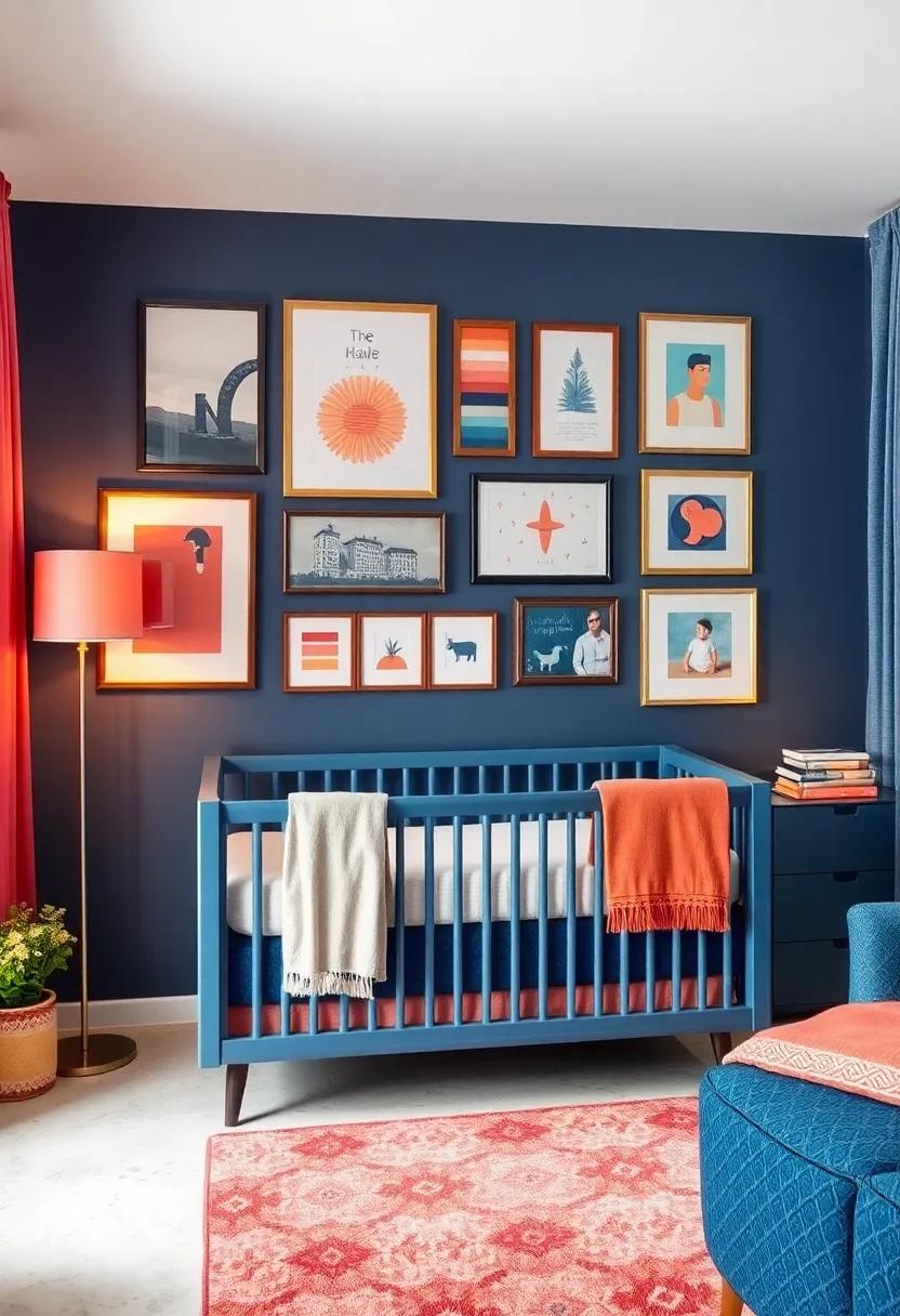 Gallery Wall: Create a gallery wall mixing framed art, photographs, and fabric swatches in blue and coral for a personal touch