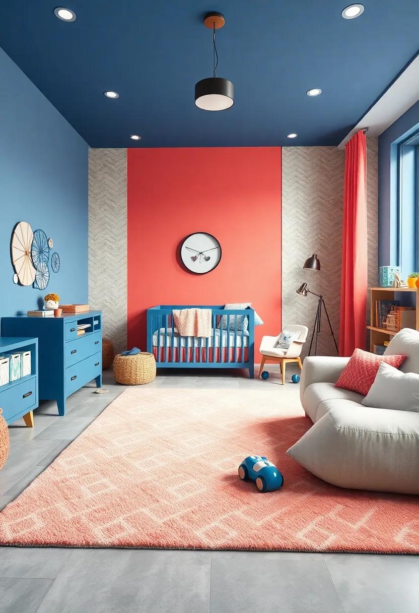 Soft Rug Choices: Choose ‌a plush area⁣ rug in a geometric print ​blending both colors to create a cozy play area