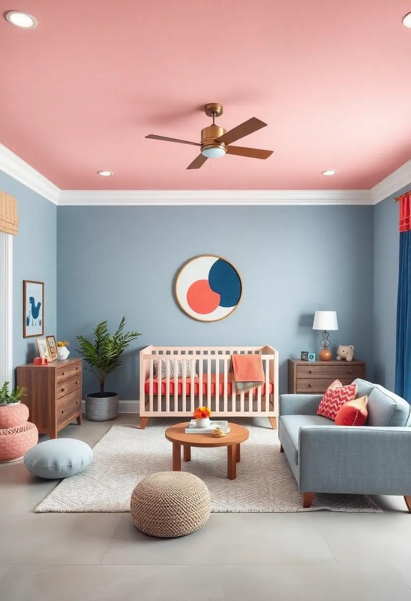 Statement Ceiling: Paint the ceiling a⁤ soft coral to add visual interest⁣ and a ‌warm glow in the nursery