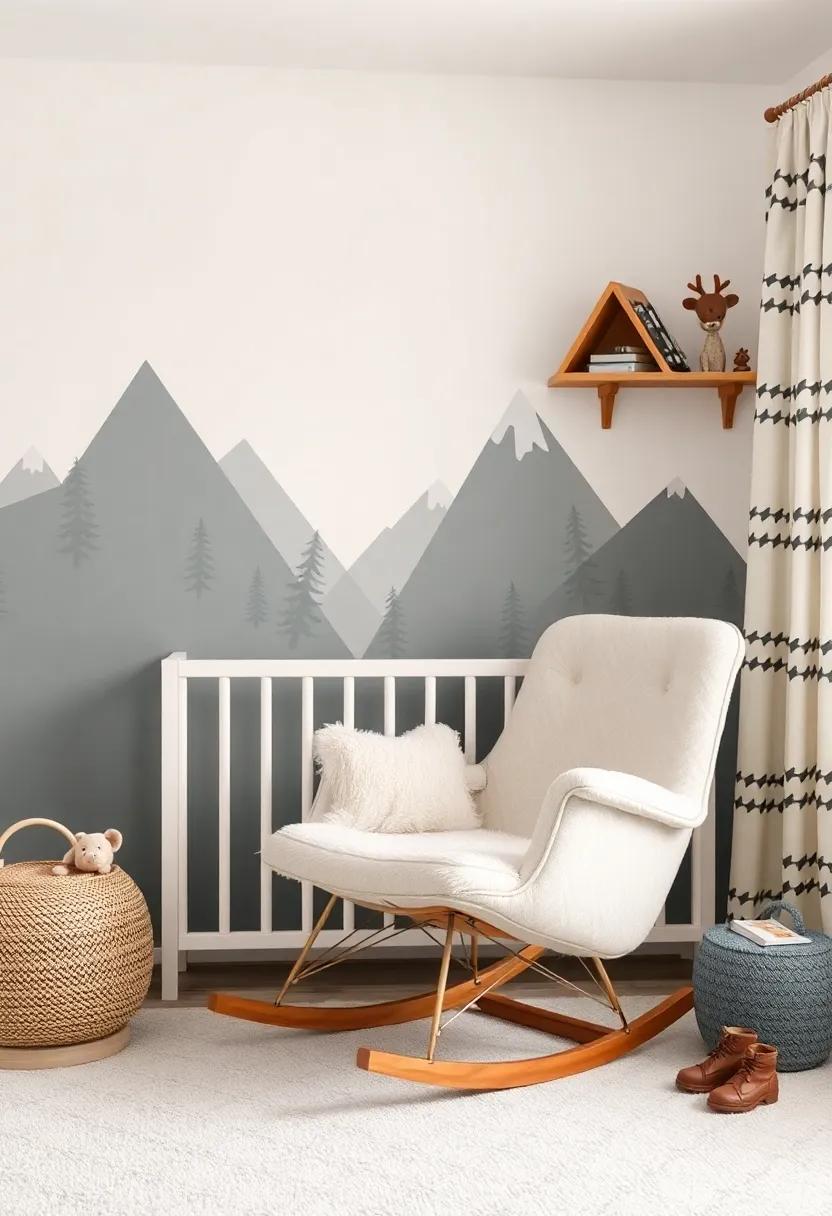 Adventure Awaits: Style the nursery with a mountaineering motif and a plush rocking chair that beckons for storytelling adventures at bedtime