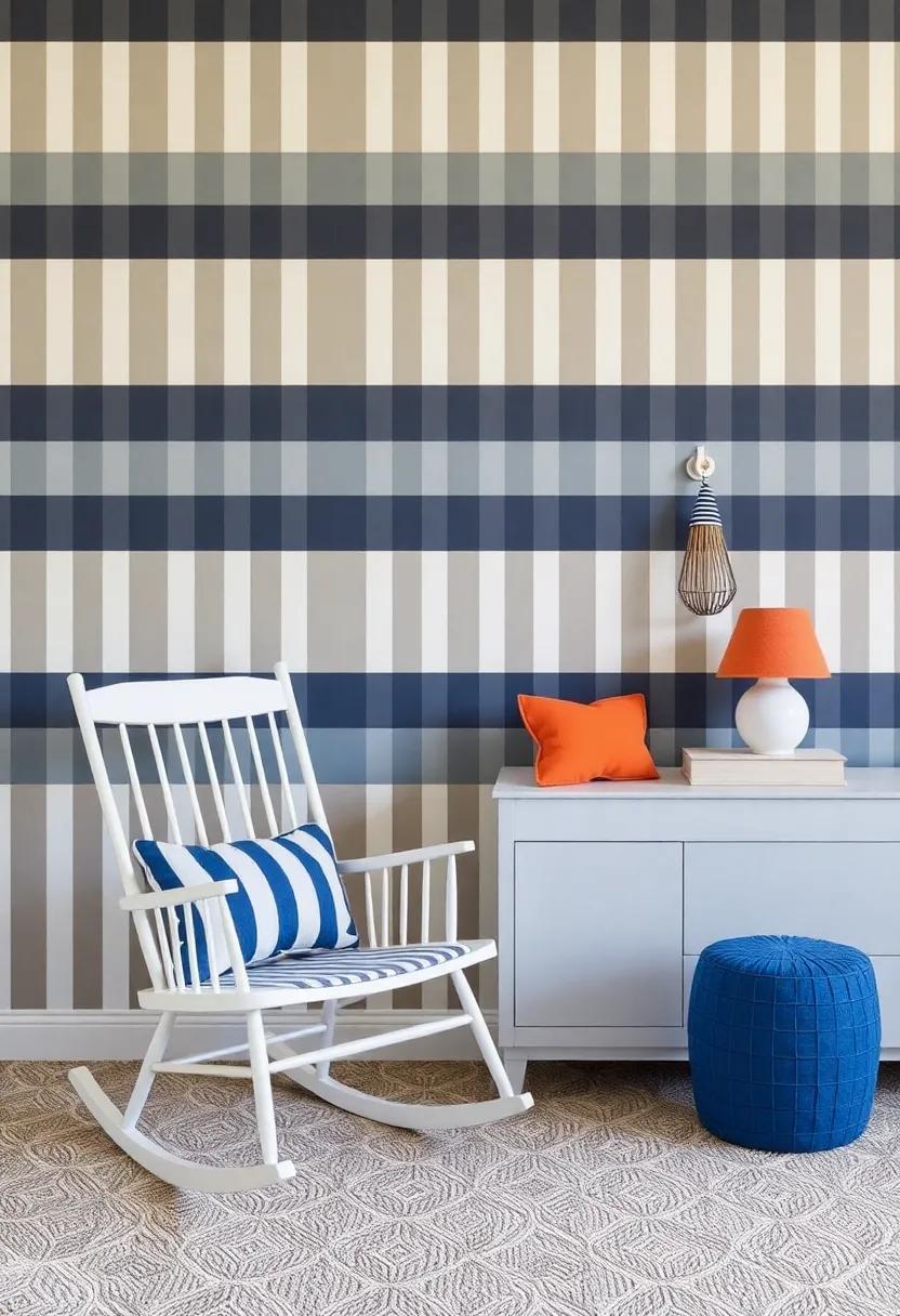 Bold Stripes: Utilize bold striped wallpaper and a matching rocking chair to provide dynamic visual interest without overwhelming the space