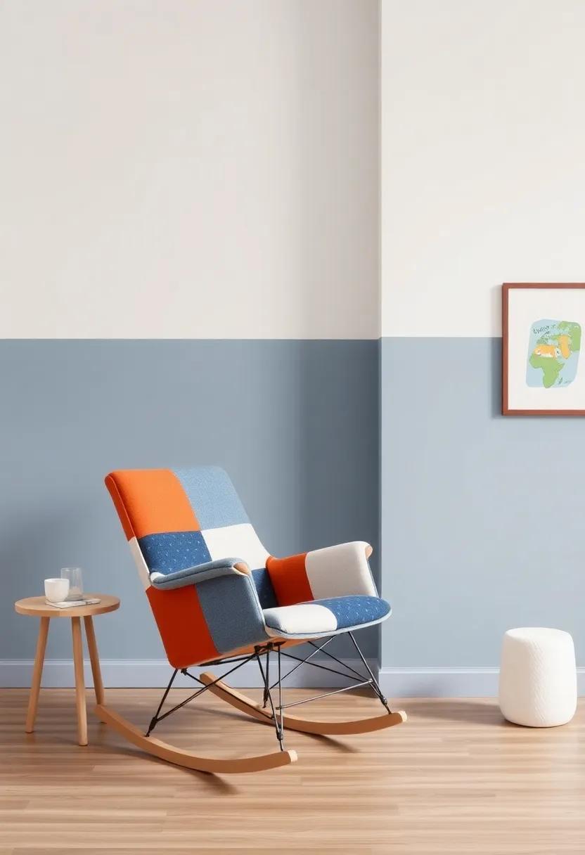 Colorful Blocks: Brighten the space with bold primary colors, and include a comfortable rocking chair with a patchwork design that invites playful vibes