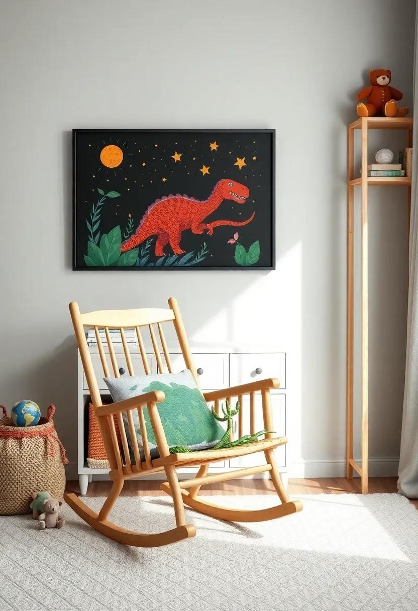 Dino Discovery: Capture your child's imagination with dinosaur-themed art and a sturdy rocking chair that boasts a fun, dinosaur-themed cushion