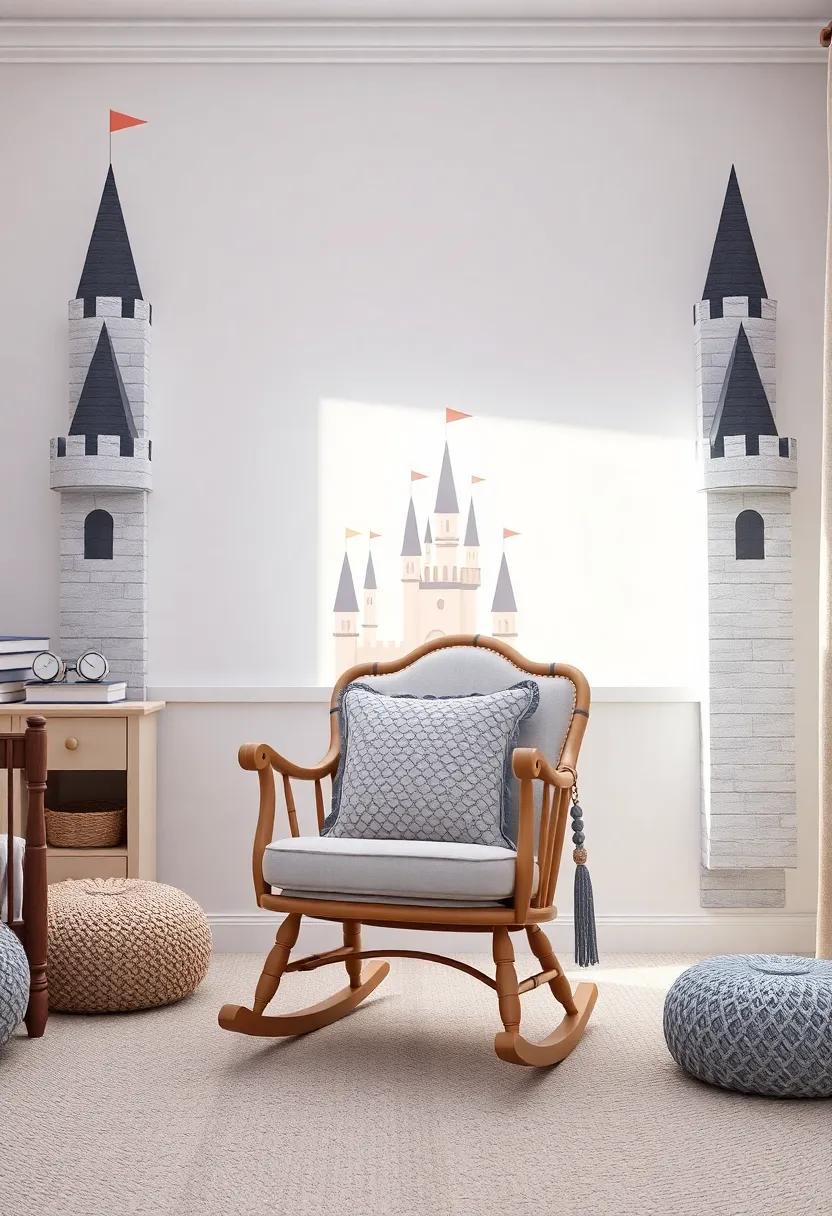 Fairy Tale Castle: Conjure up a kingdom in the nursery with castle decor and a regal rocking chair adorned with plush cushioning for royal comfort
