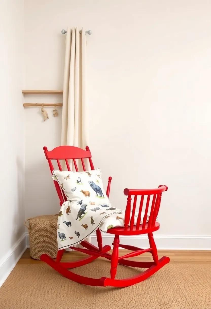 Farmyard Fun: Embrace a pastoral theme with vintage farm print bedding and a cozy rocking chair painted in cheerful barn red
