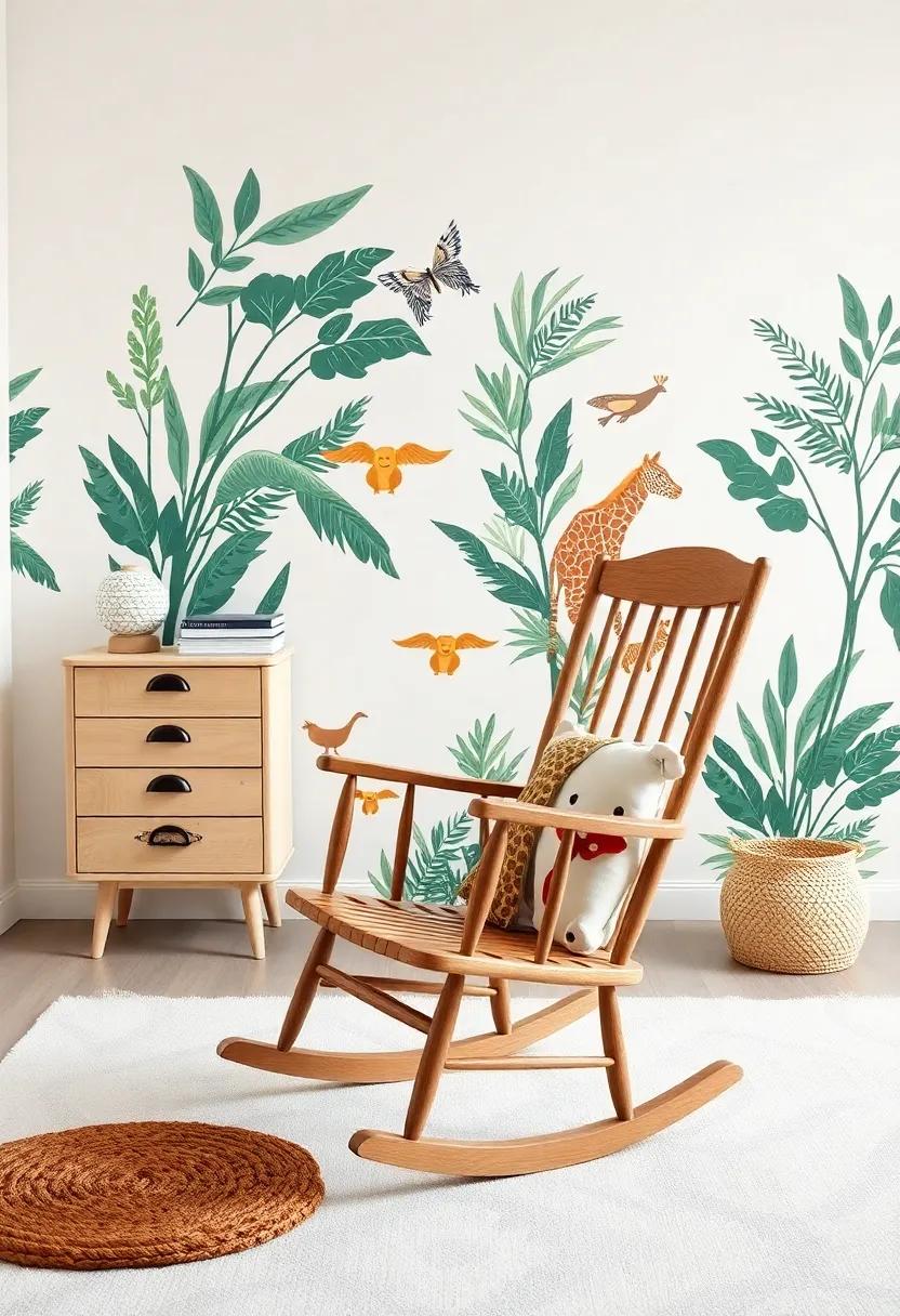 Jungle Adventure: Incorporate playful jungle animal prints around a rustic wooden rocking chair to create a warm and adventurous atmosphere