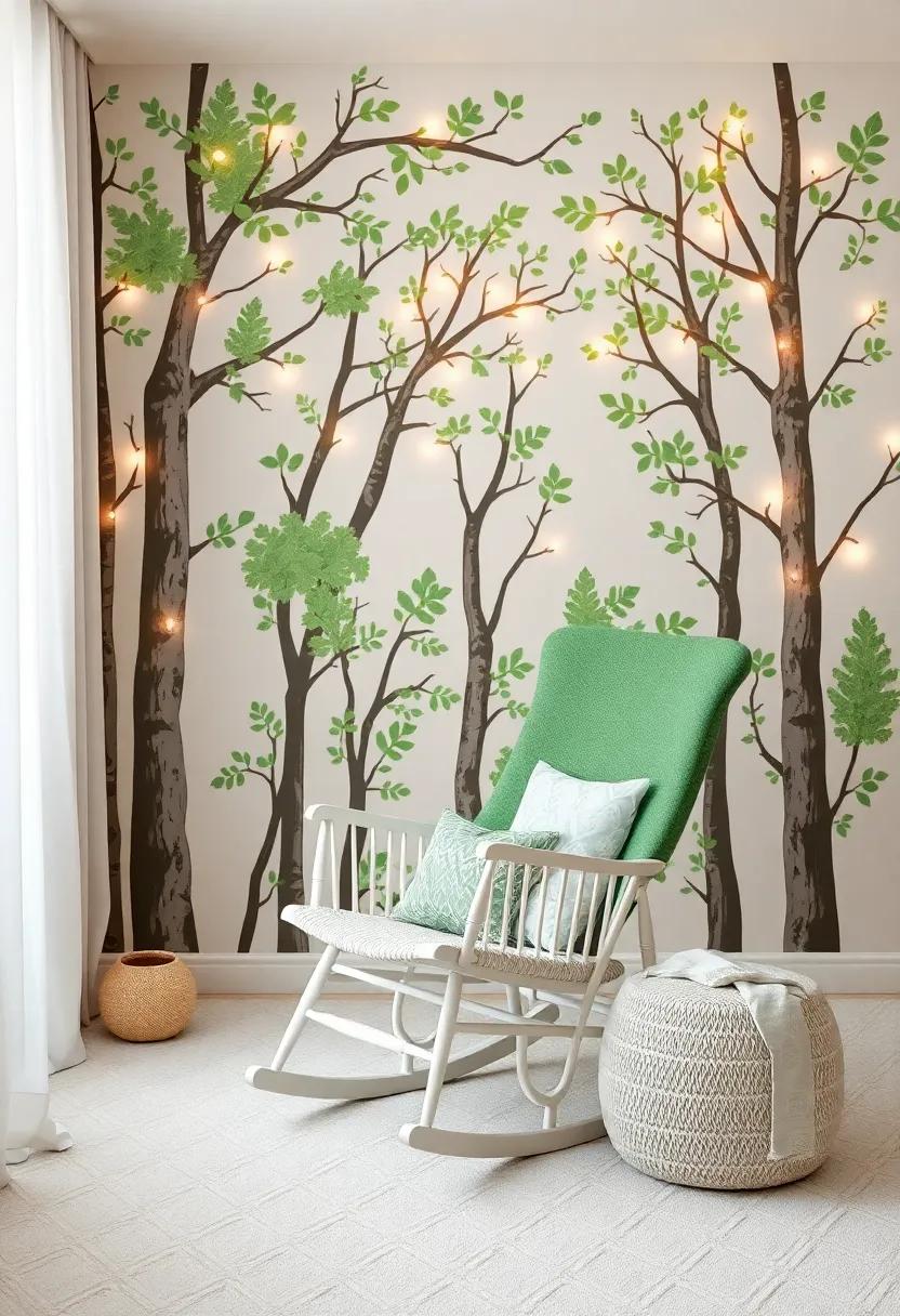 Magical Forest: Use fairy lights and whimsical tree decals to establish a magical forest retreat, anchored by a coziest rocking chair in lush greens