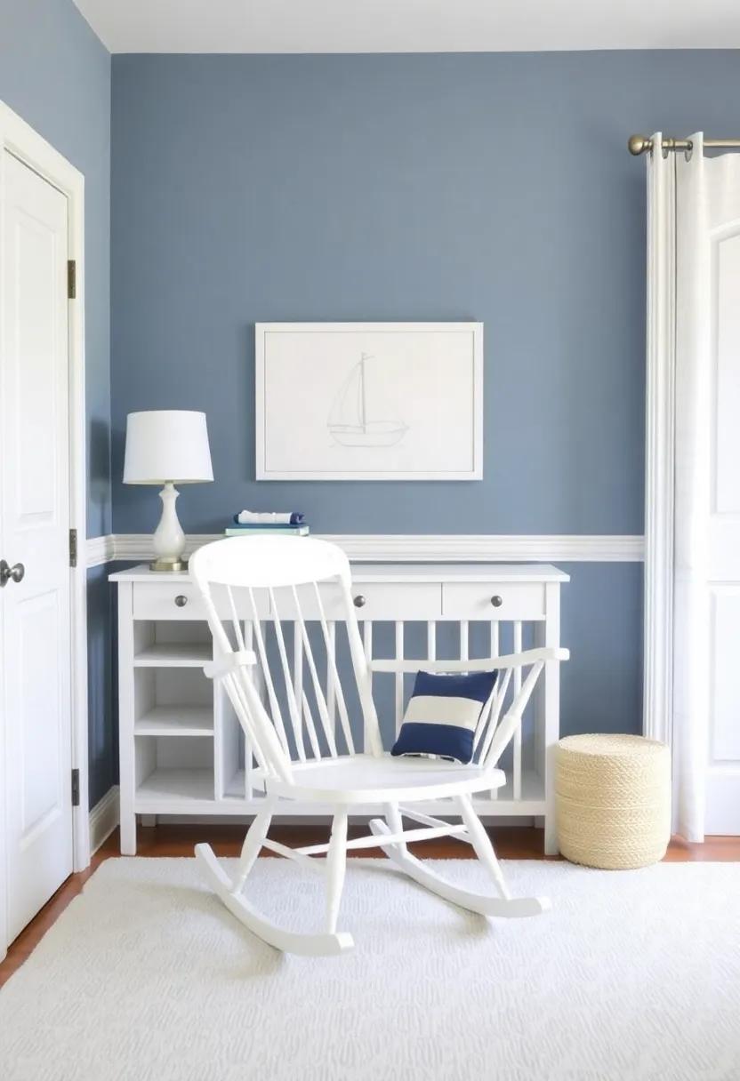 Nautical Bliss: Transform the nursery into a sailor’s haven with ocean-inspired decor and a classic white rocking chair painted in navy blue