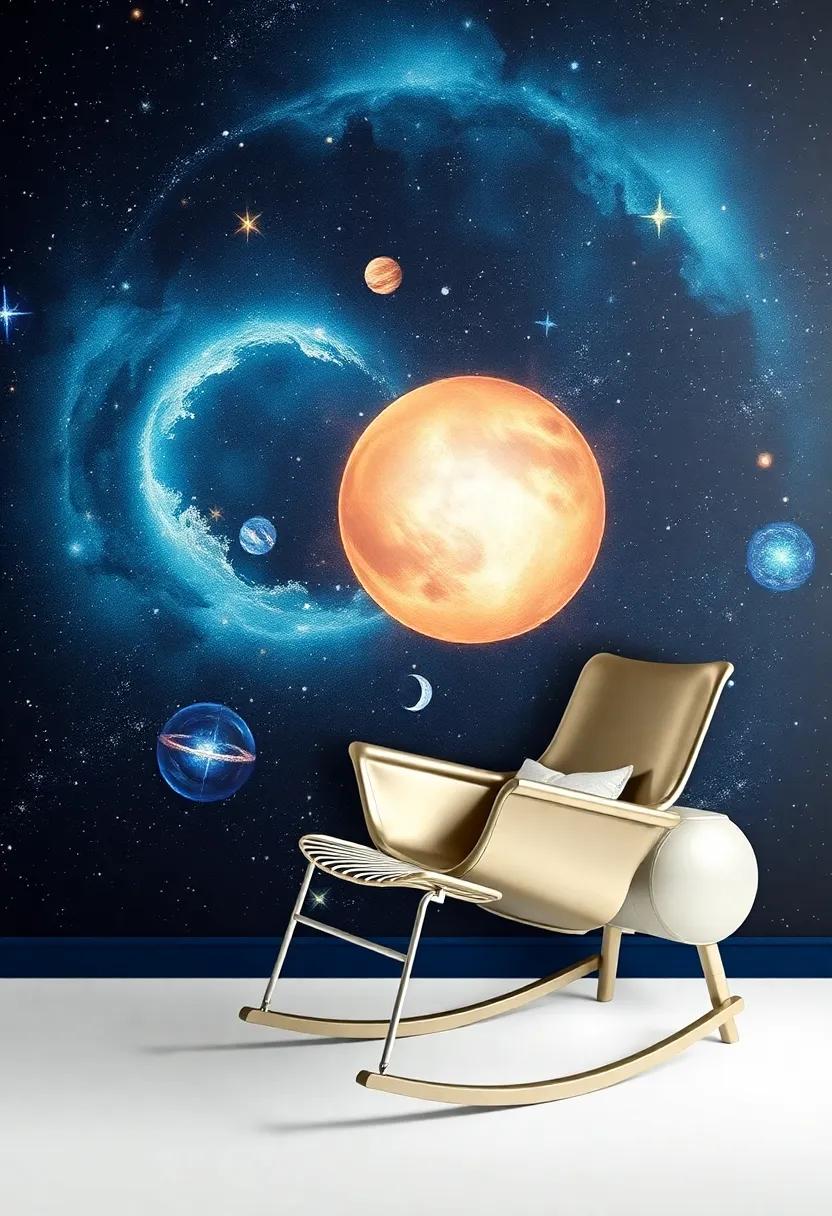 Space Explorer: Create a cosmic corner with galaxy murals complemented by a stylish rocking chair in metallic tones, perfect for stargazing and dreaming