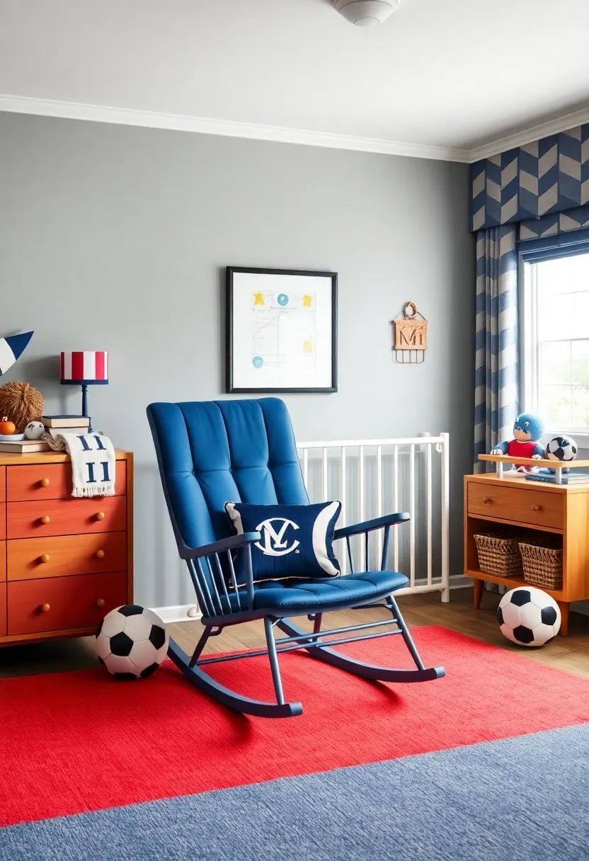 Sports Fanatic: Celebrate your favorite sports team with themed decor and a sleek rocking chair in team colors for a sporty nursery vibe