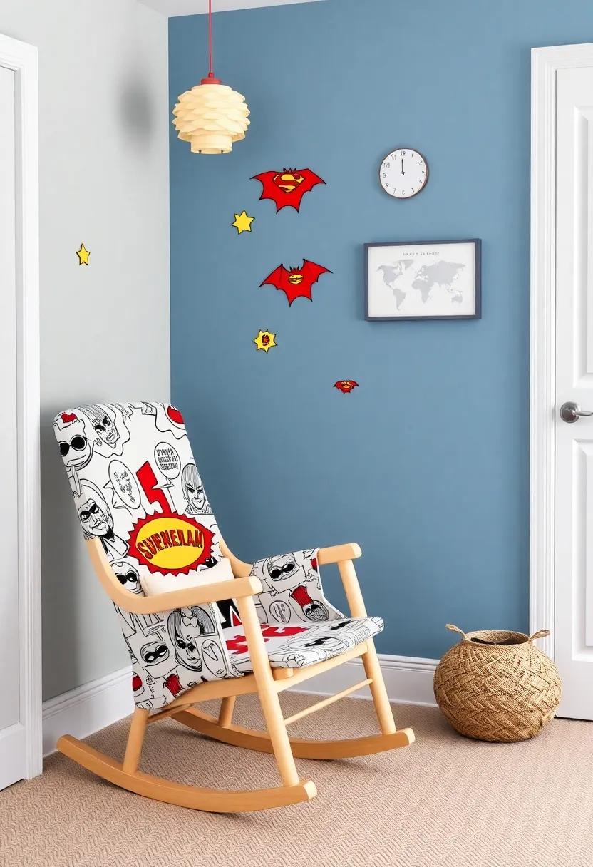 Superhero Hideout: encourage imagination with superhero decals and a rocking chair featuring a fun comic book design for a playful nod to heroics