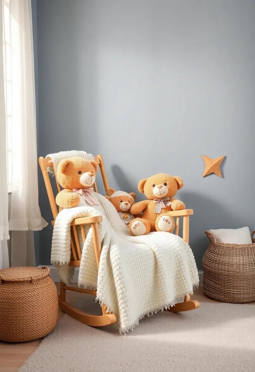 Teddy Bear Corner: Decorate with soft teddy bears and a plush rocking chair draped in comfy blankets for a nurturing, cuddly feel