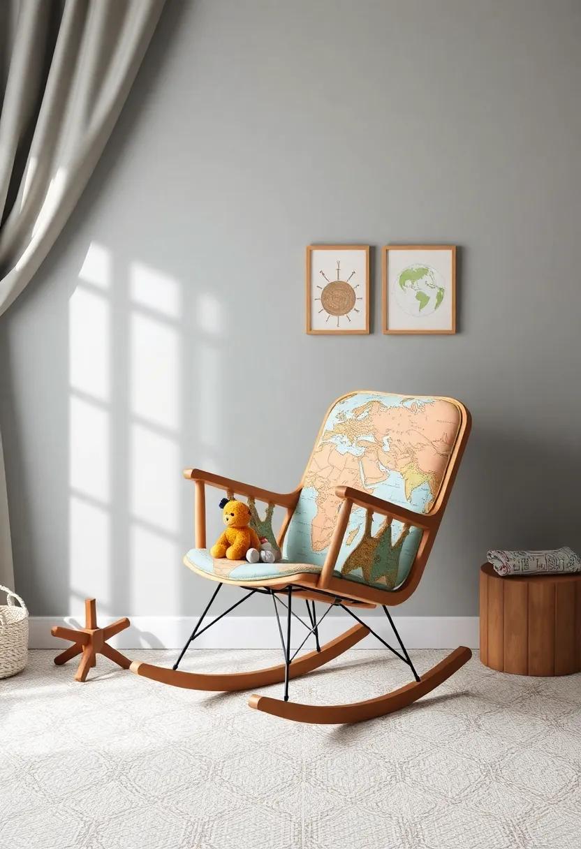 Travel Dreams: Inspire wanderlust with a globe-themed nursery and a world map rocking chair that invites exploration and adventure