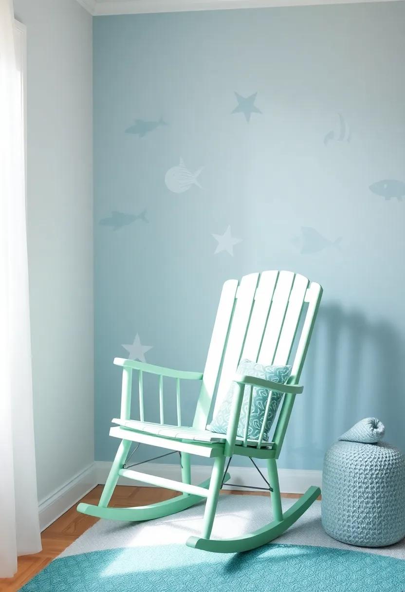 Under the Sea: Dive into a tranquil ocean theme with mermaid accents and a seafoam green rocking chair that feels fresh and welcoming