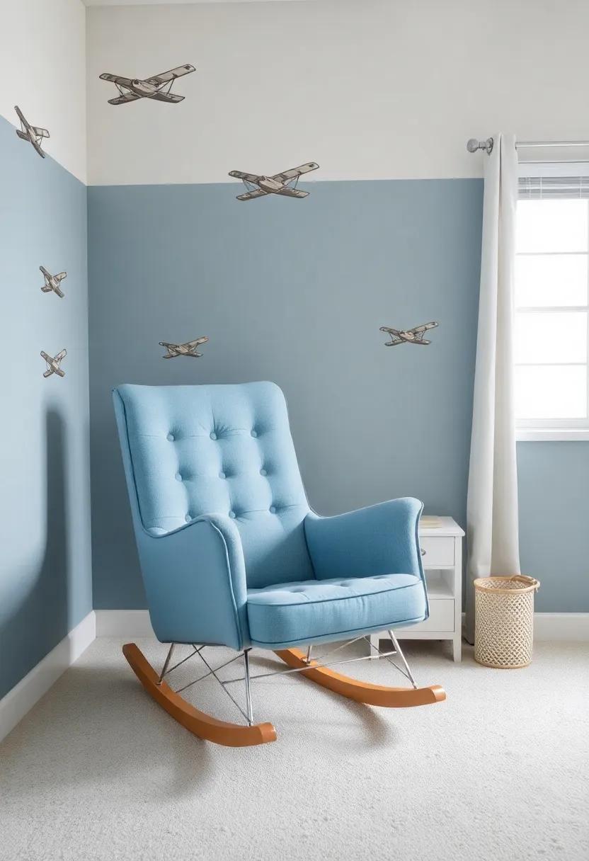 Vintage Airplanes: Celebrate the thrill of aviation with retro airplane motifs paired with a charming rocking chair upholstered in sky blue fabric