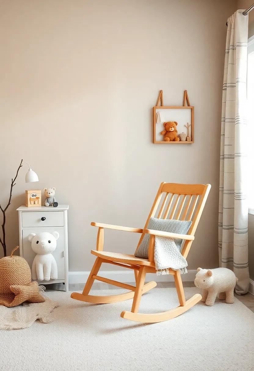 Whimsical Woodland: Design a serene forest escape using earthy colors and a natural wood rocking chair, surrounded by soft tree and animal decor