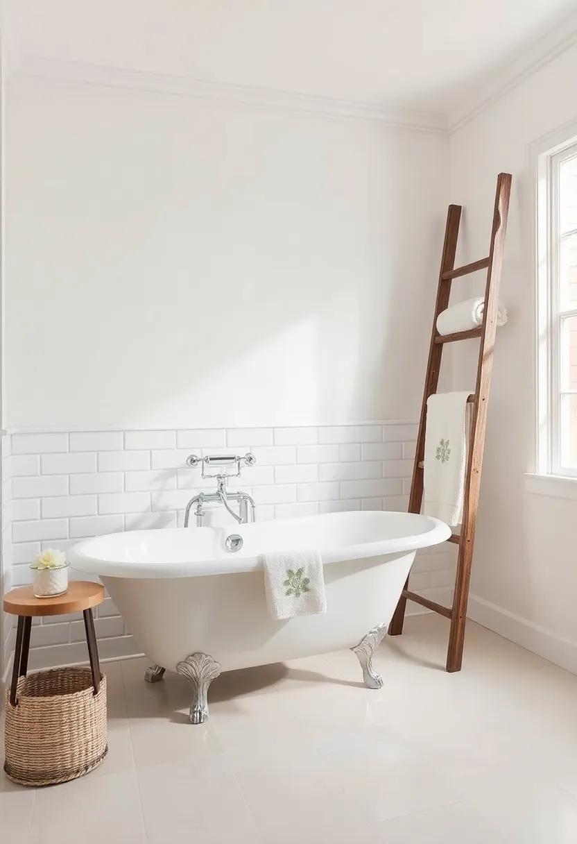 Add a vintage Ladder: Use a rustic ladder as a stylish décor element for hanging towels or displaying decorative items