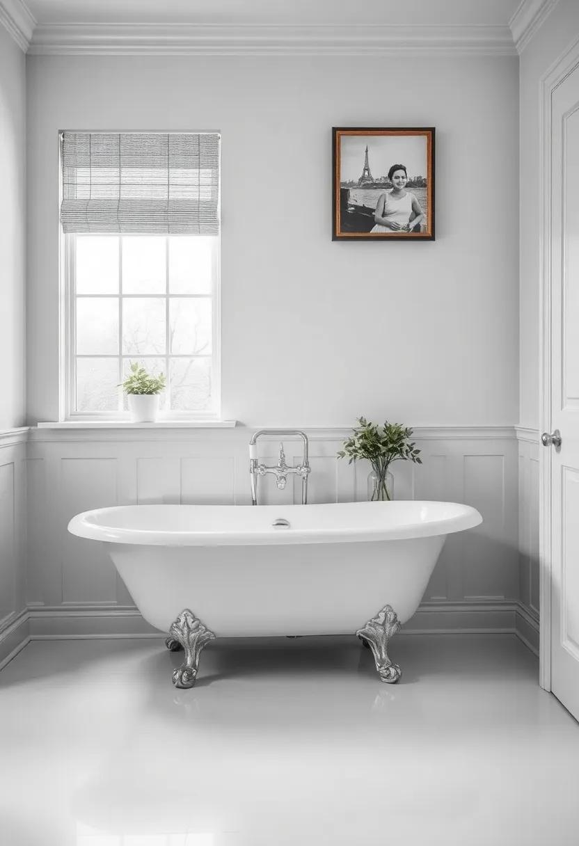 Choose Artistic Artwork: Hang vintage-inspired paintings or black-and-white photographs that resonate with the classic vibe of your bathroom