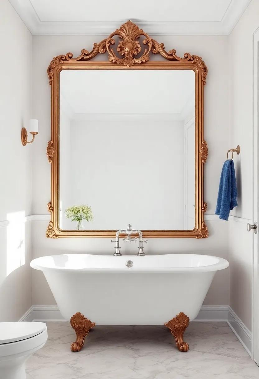 Embrace the Power of Mirrors: Use a large, ornate mirror to reflect light and open up the space, giving your bathroom a grander feel