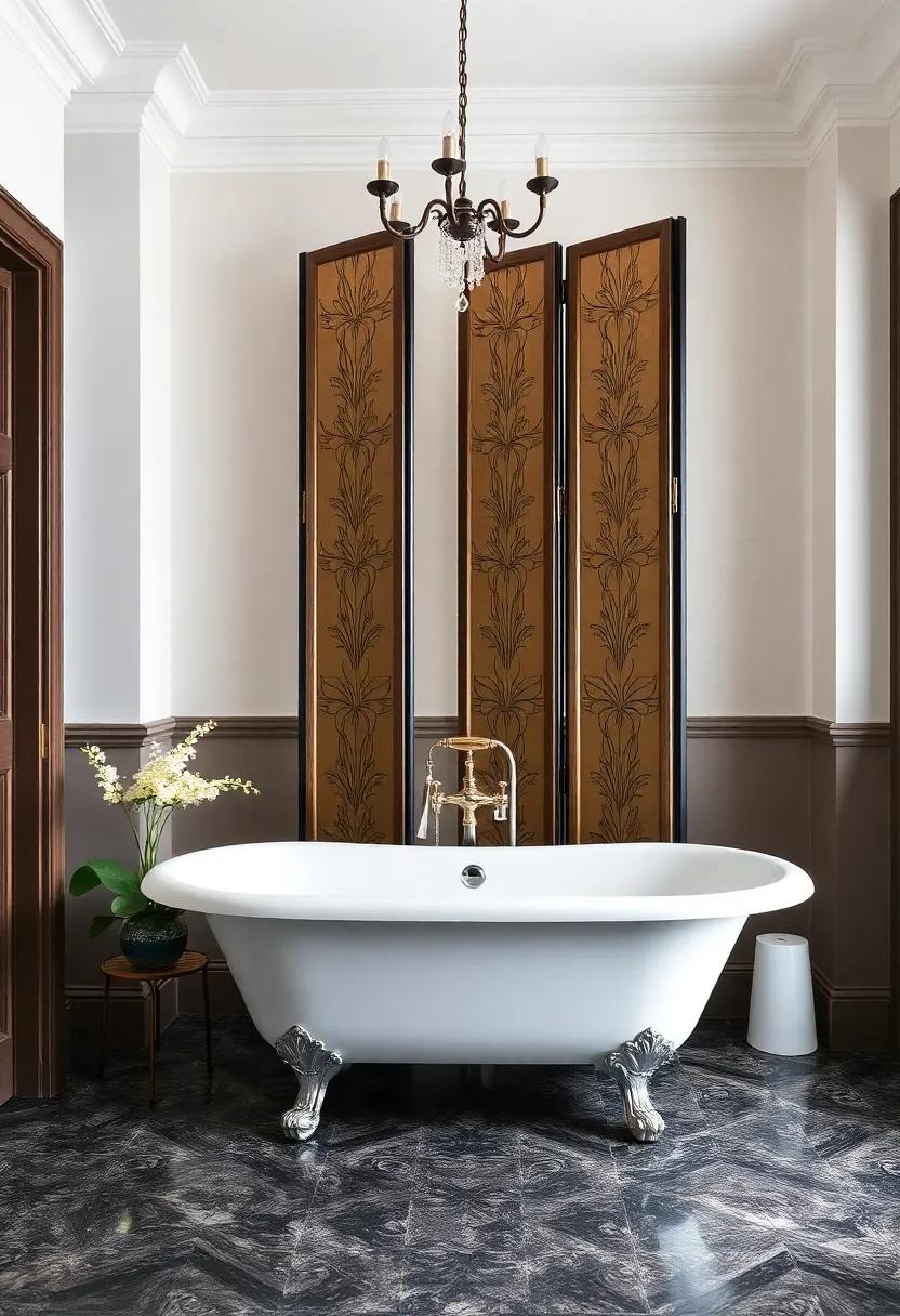 Frame the Tub with Decorative Screens: Use stylish folding screens or privacy panels to create a designated bathing area, adding visual interest and intimacy