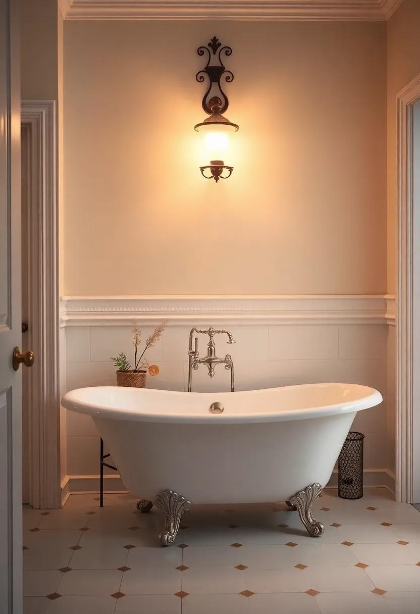 Install a Beautiful Sconce: Choose a vintage or ornate sconce above the tub for ambient lighting that enhances the romantic atmosphere