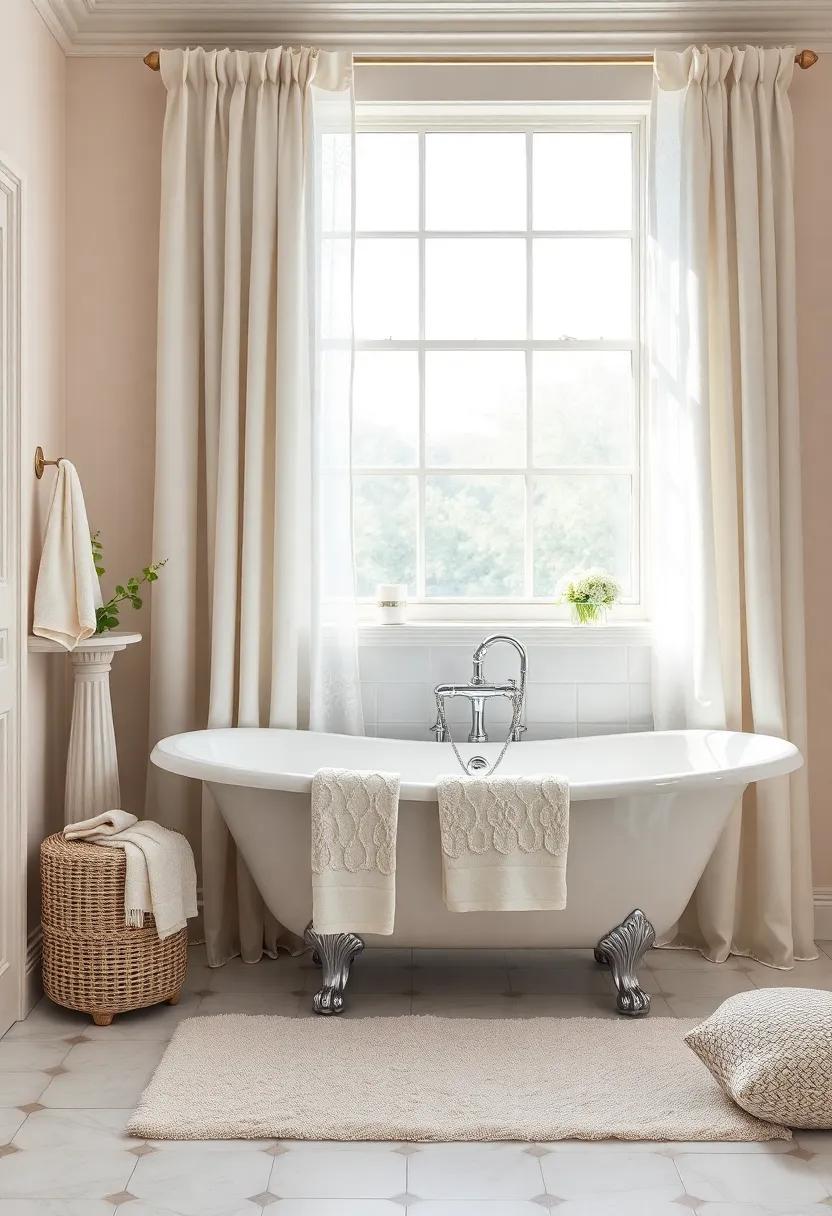 Use Elegant Textiles: Opt for luxurious towels, plush bath rugs, and silk or lace curtains to introduce softness and elegance