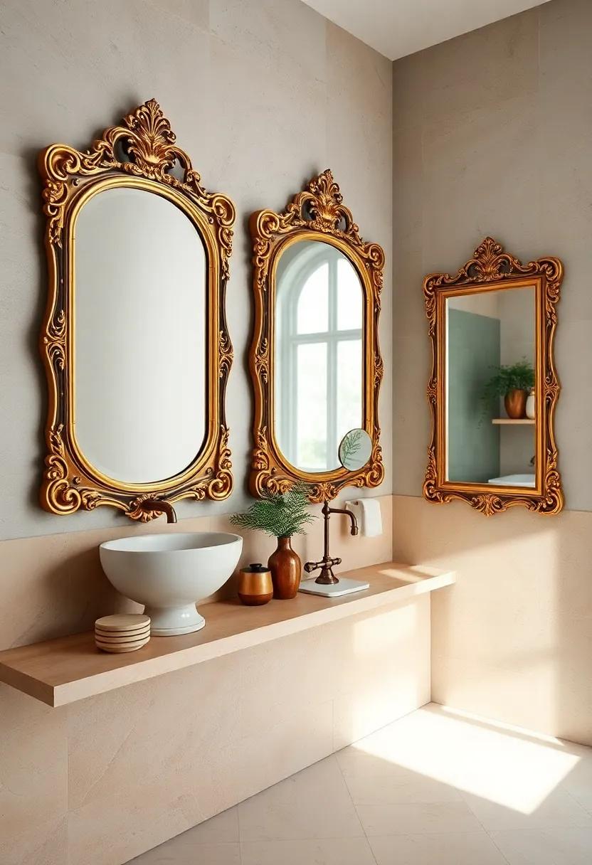 Ornate Framed Mirrors: enhance your vintage aesthetic with intricate, gilded frames that add an old-world charm to your bathroom