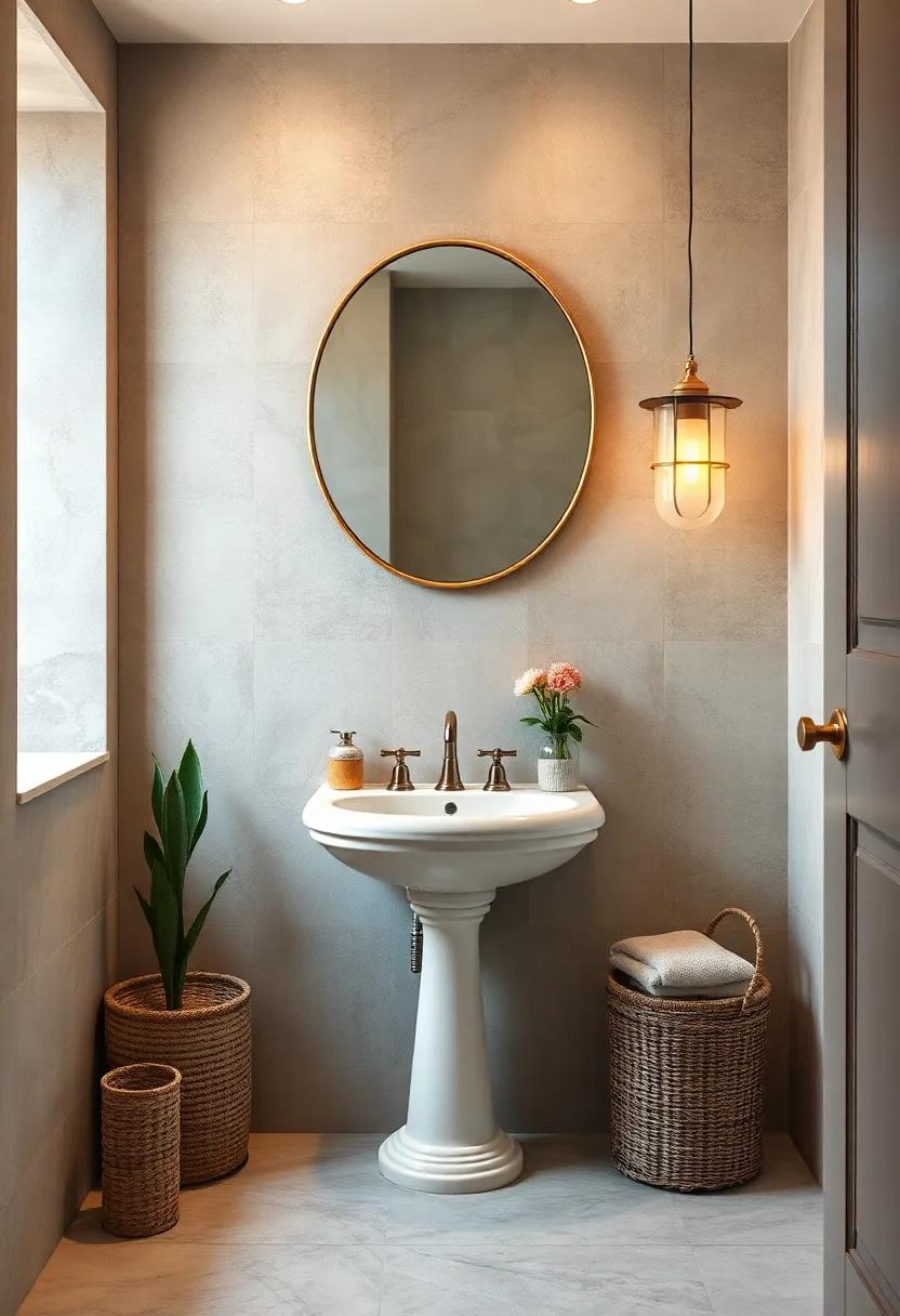 Pedestal Sink with Mirror Above: Pair a classic pedestal sink with a simple, round mirror for a clean yet vintage look