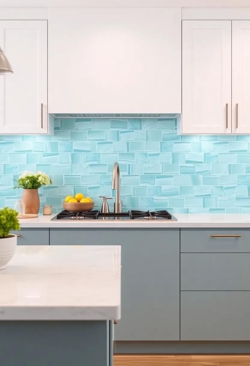 Transparent Aqua ​Glass: Create a translucent backsplash with aqua⁣ glass tiles that provides depth and lightness, enhancing the airy feel