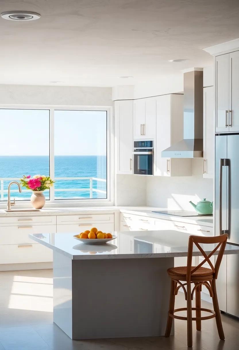 Bright and Breezy: A modern coastal kitchen⁣ featuring sleek white cabinetry that ⁢reflects the shimmering ocean⁣ waves outside