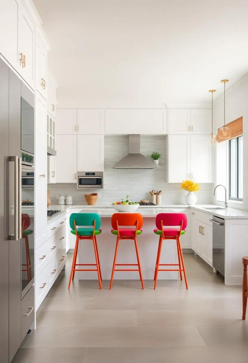 Color-Popped Perfection: ⁤Bright white cabinets paired with bold, ⁢colorful barstools for a fun, energetic kitchen look that invites socializing