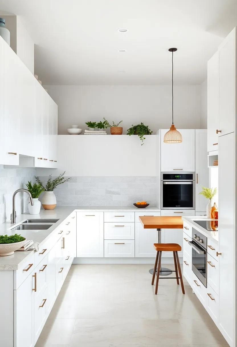 Minimalist Dream: Explore a minimalist design where smooth white cabinetry provides a serene ​backdrop for pops of‍ greenery and ocean hues