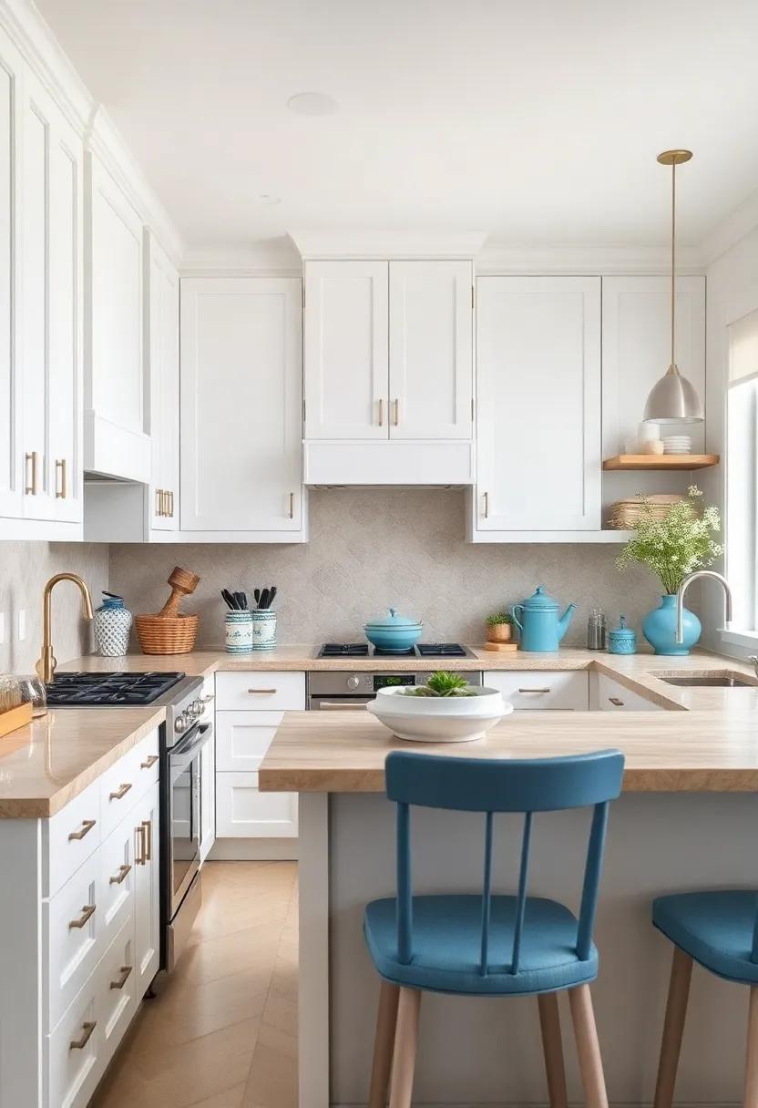 Nautical Neutrals: Embrace a coastal vibe with soft white cabinets paired ‍with sandy beige countertops and ocean blue accents