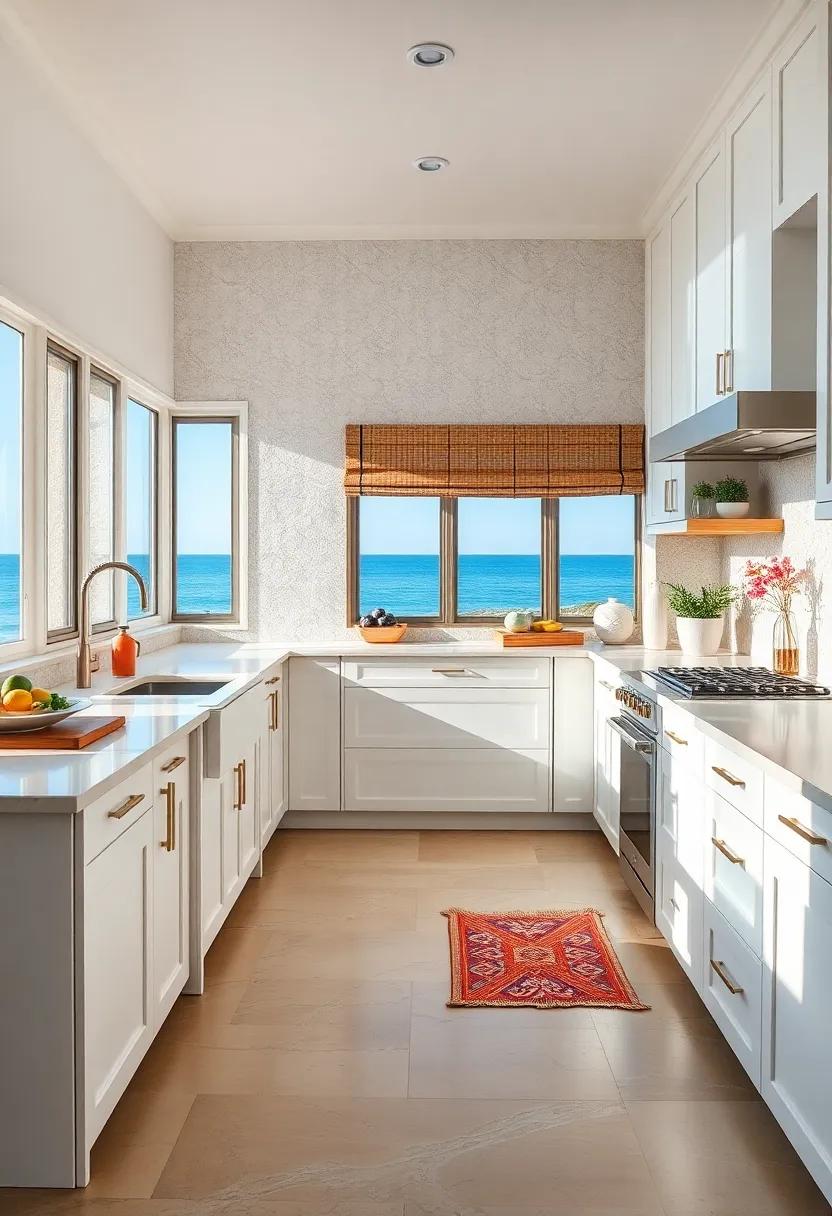 Simple Sophistication: ‌White cabinets with sleek lines and minimalist hardware create an effortlessly chic vibe alongside ocean views