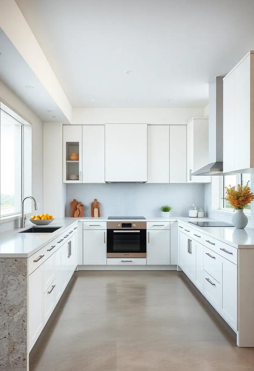 Urban Coastline: Merge modern urban style with coastal elements, featuring sharp‍ white cabinetry against sleek concrete surfaces