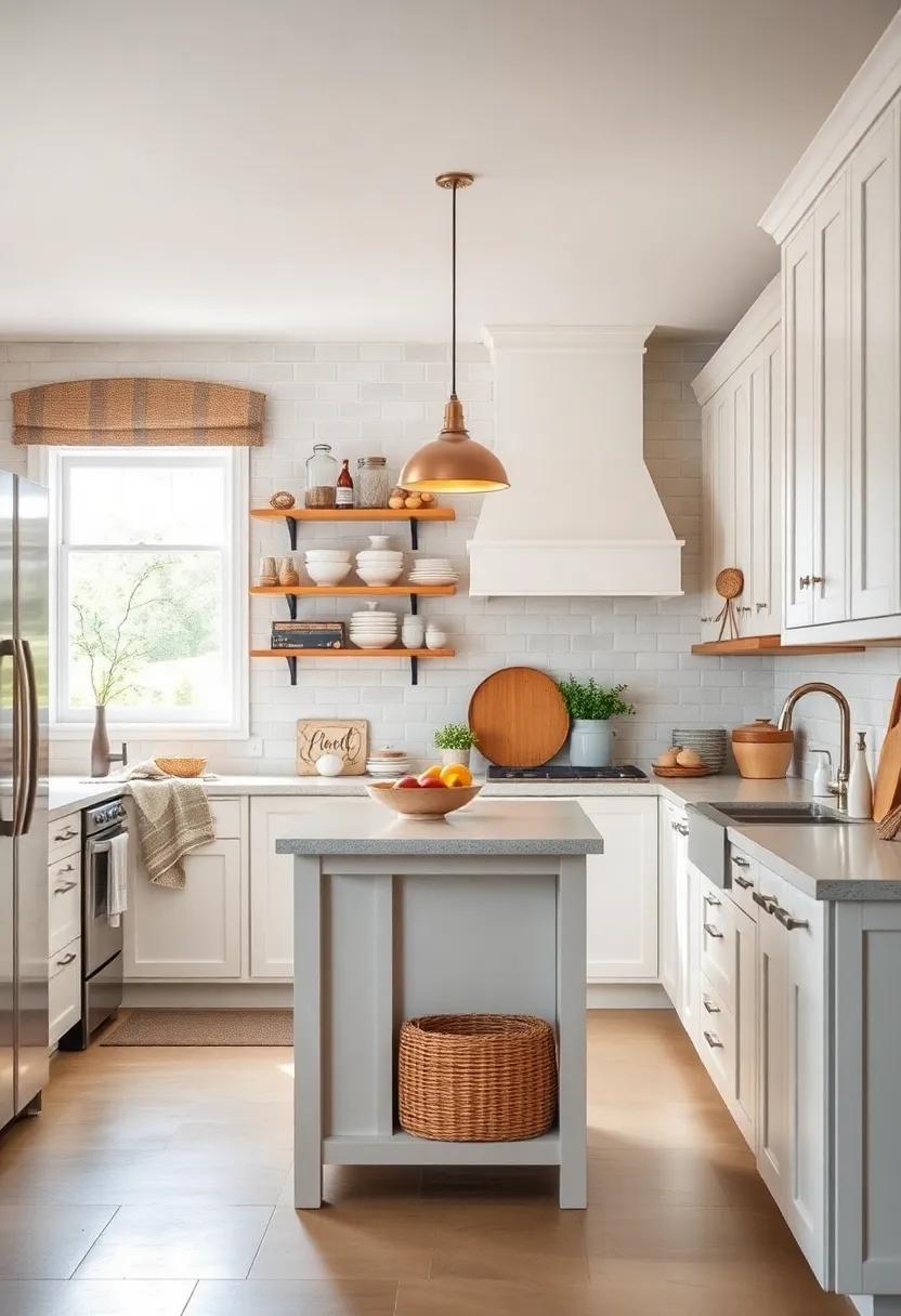 Vintage Vibes: A charming coastal kitchen where antique ​white cabinets tell a story, enhanced with curated seaside collectibles