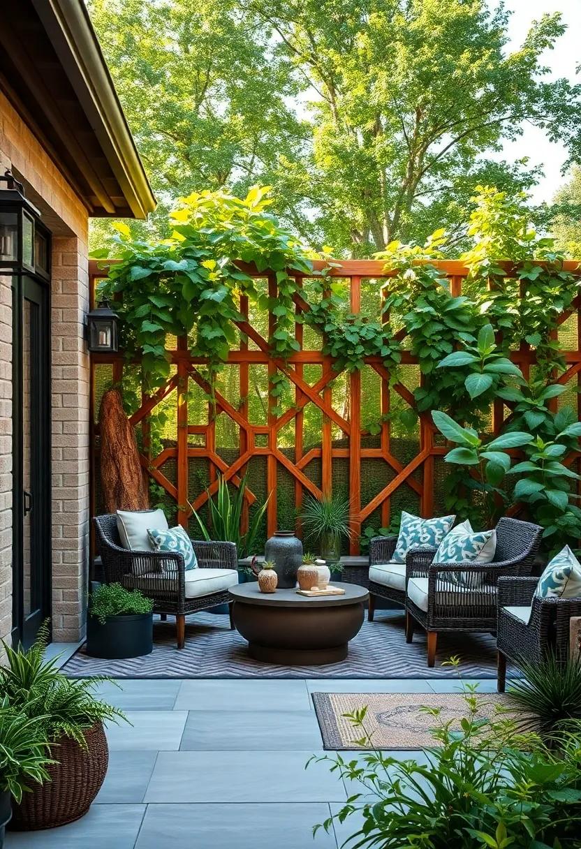 Garden Trellis Fences: Integrate trellis fencing for climbing vines that not only enhances aesthetics but also provides natural privacy