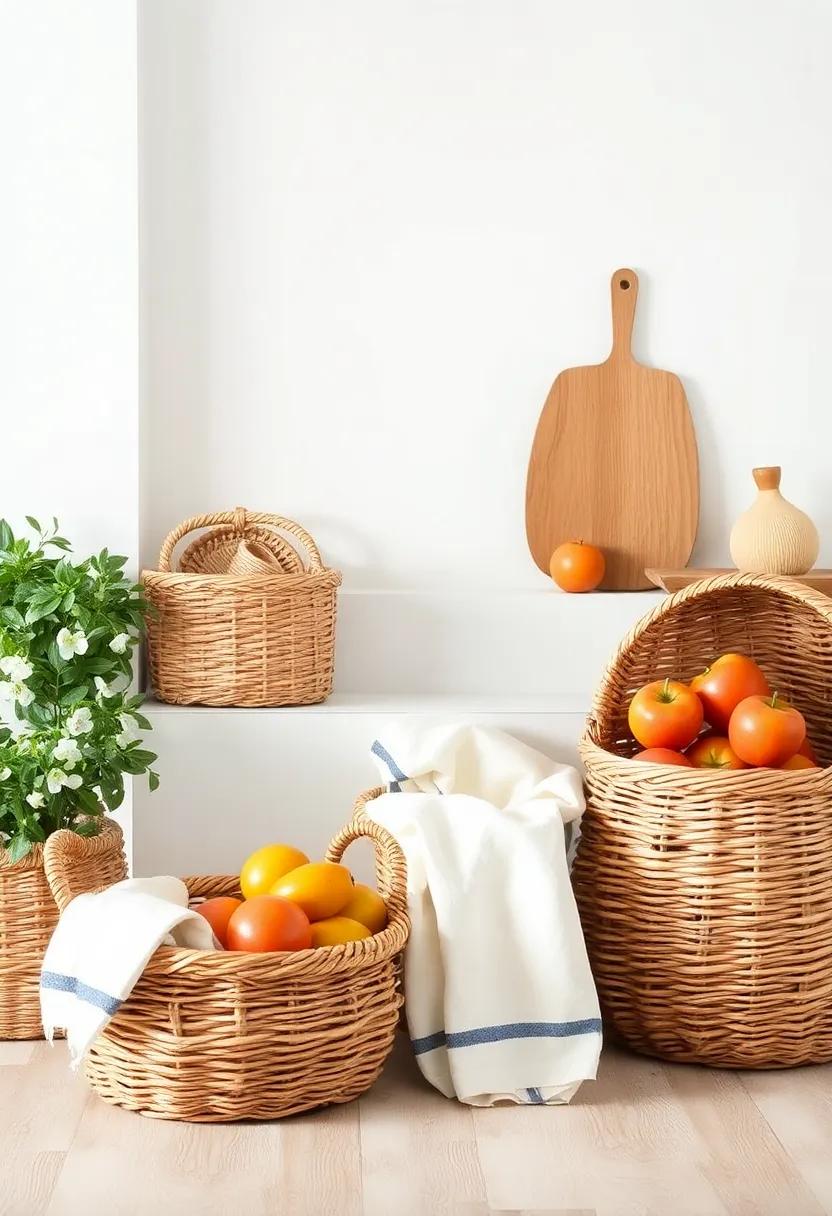 Baskets for storage: Utilize woven baskets for an organic touch, ideal for storing fruits, vegetables, or kitchen linens