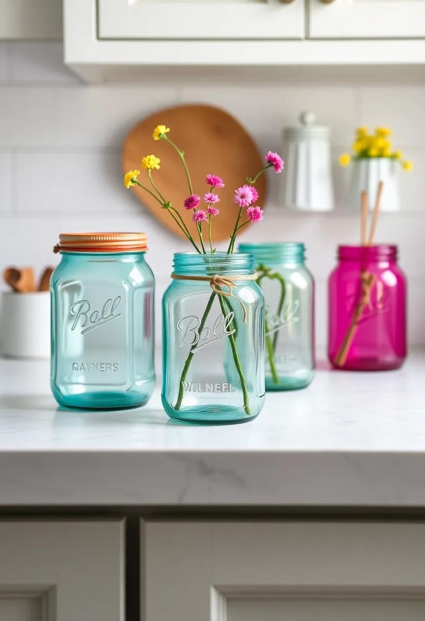 Colorful Mason Jars: perfect for storage or as decorative accents, vibrant jars add a pop of color and celebrate a country aesthetic