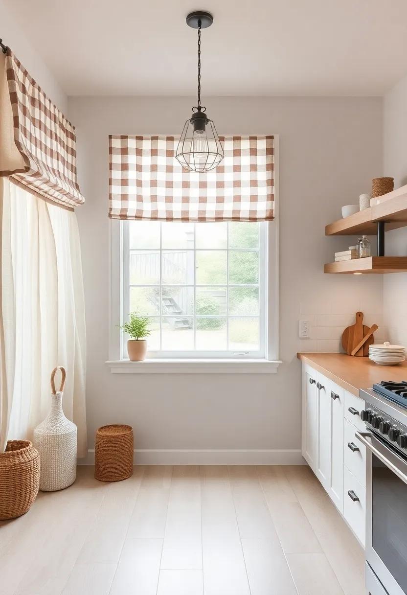 Rustic Window Treatments: Soft, natural fabrics or checks for your kitchen windows can create a warm ambiance and frame your views beautifully
