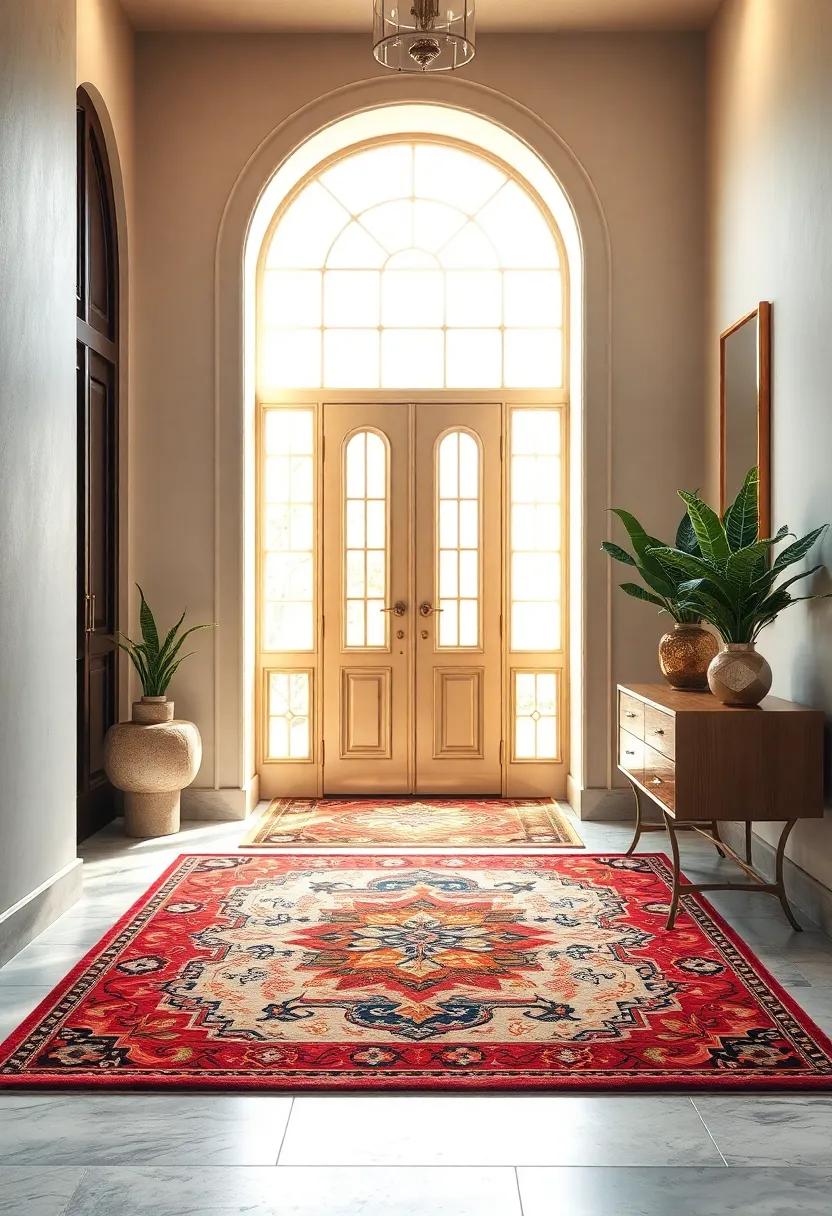 The Art Deco Revival: Explore an entryway graced by a vibrant Art Deco rug that enhances the dramatic flair of the space, featuring rich colors and intricate designs