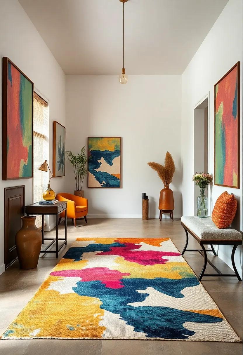 Artistic Expression: Learn how a unique, hand-painted vintage rug becomes the focal point for an art-filled entryway, adding vibrancy and creativity to the space
