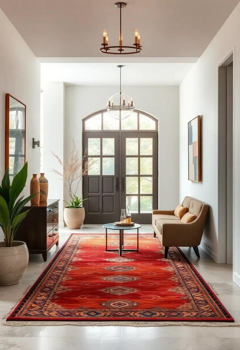 The Artistic Touch: Discover how a hand-knotted vintage artist’s rug serves as a unique canvas, transforming an entryway into a conversation starter