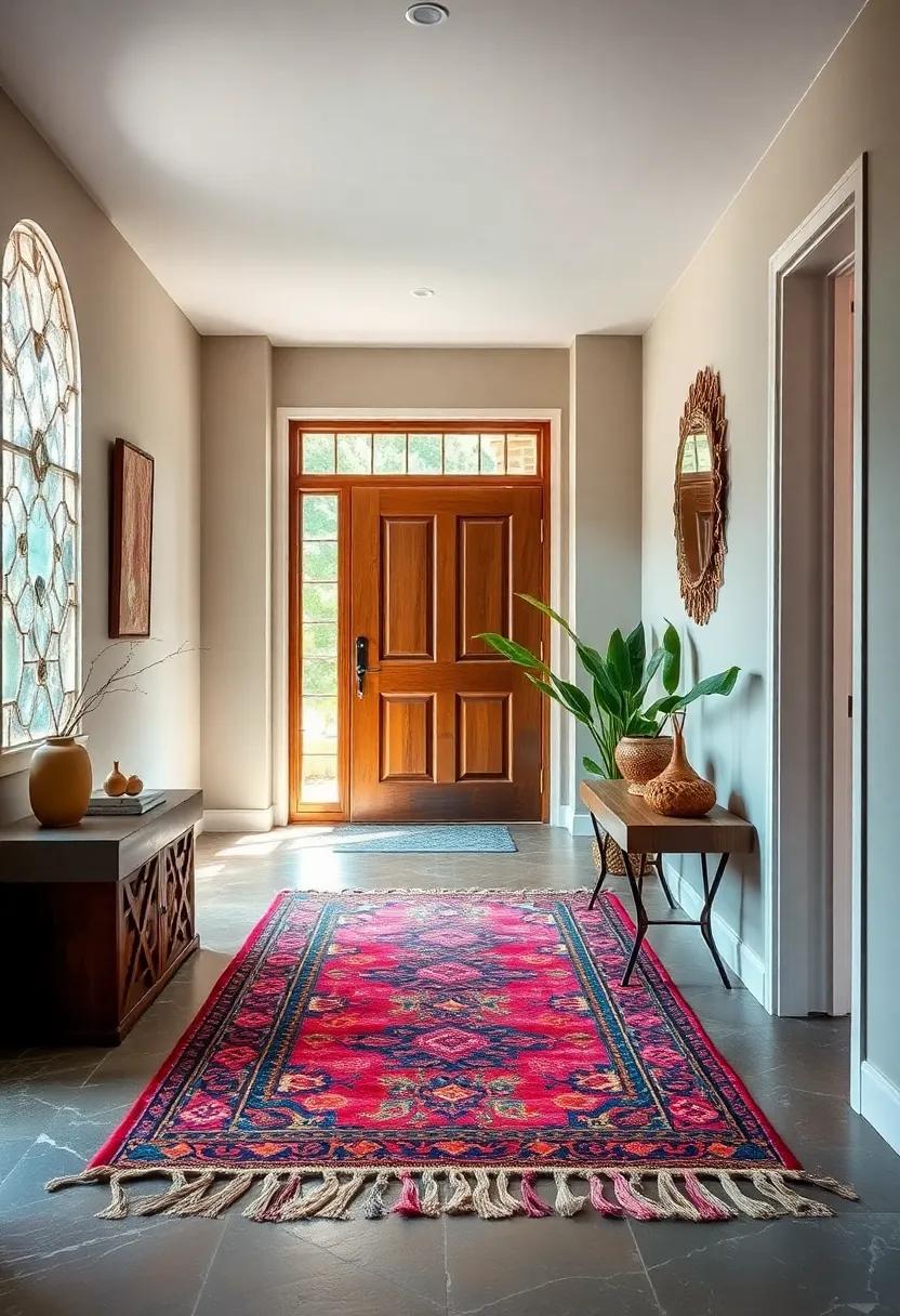 A bohemian Oasis: delve into the world of eclectic decor as a colorful, tassel-edged vintage rug transforms a simple entry hallway into a cozy bohemian-inspired haven