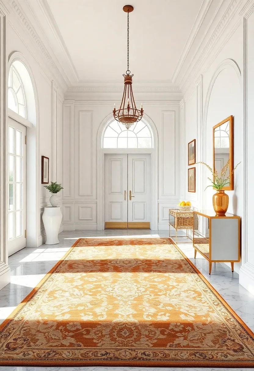 Classic white and Gold: Learn how an ornately designed vintage rug provides a stunning contrast in a pristine white and gold entryway,highlighting the elegance of the surroundings